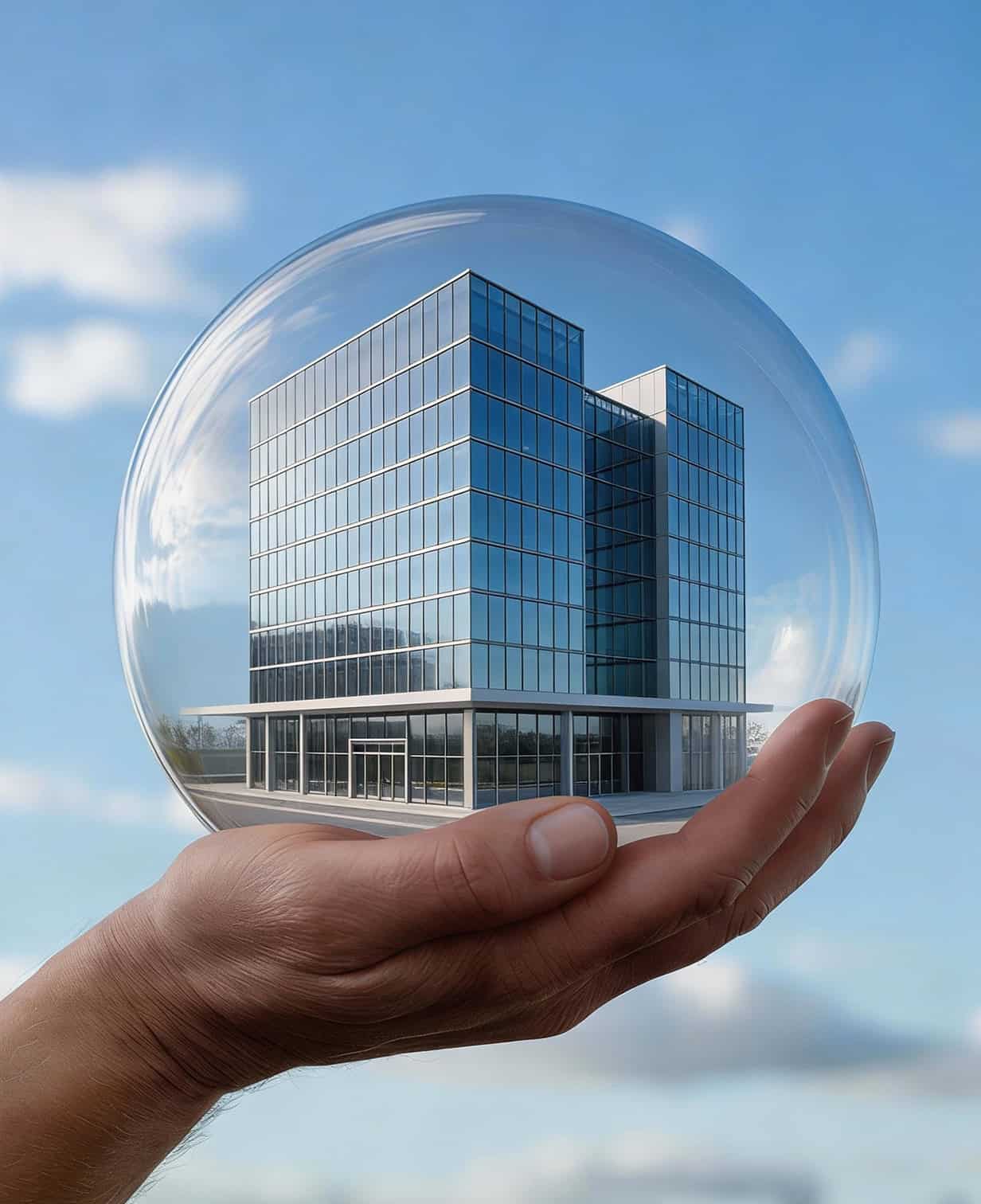 Kredyt dla firm - biurowiec w kryształowej kuli w dłoni na tle nieba