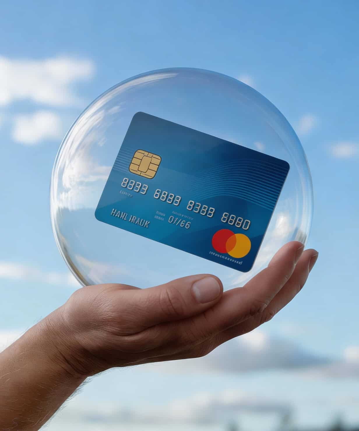 Kredyt gotówkowy - karta kredytowa w kryształowej kuli w dłoni na tle nieba