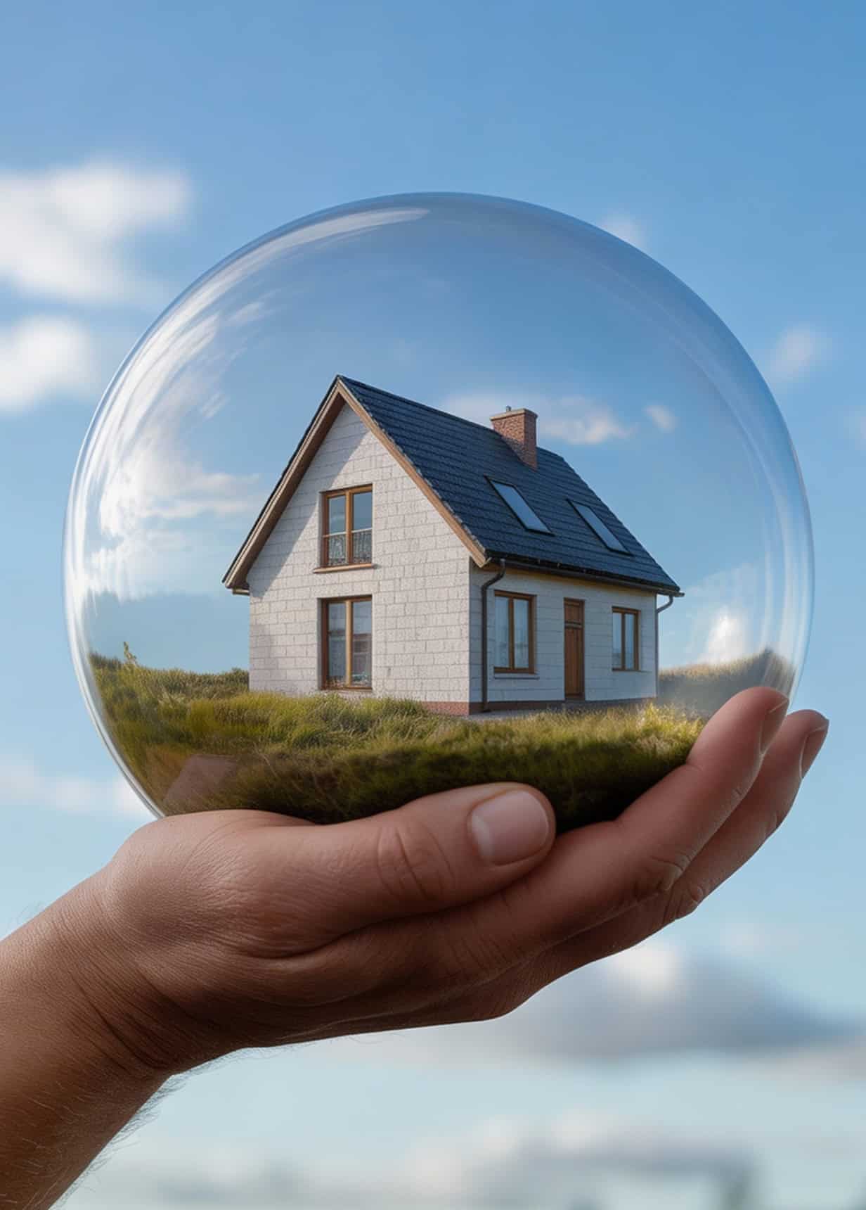 Kredyt hipoteczny - dom w kryształowej kuli w dłoni na tle nieba