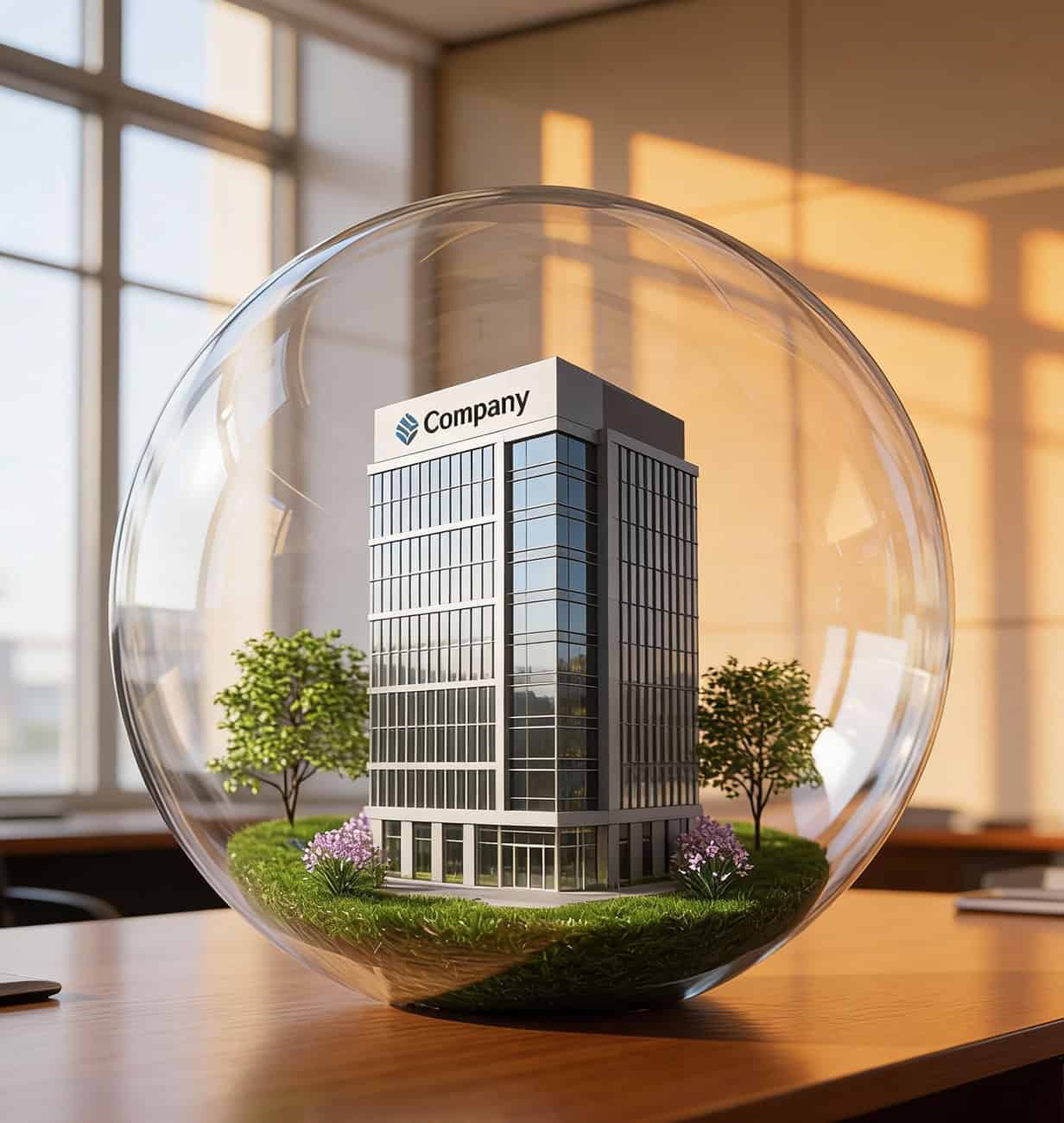 Ubezpieczenia firmowe - biurowiec w kryształowej kuli, stojącej na biurku