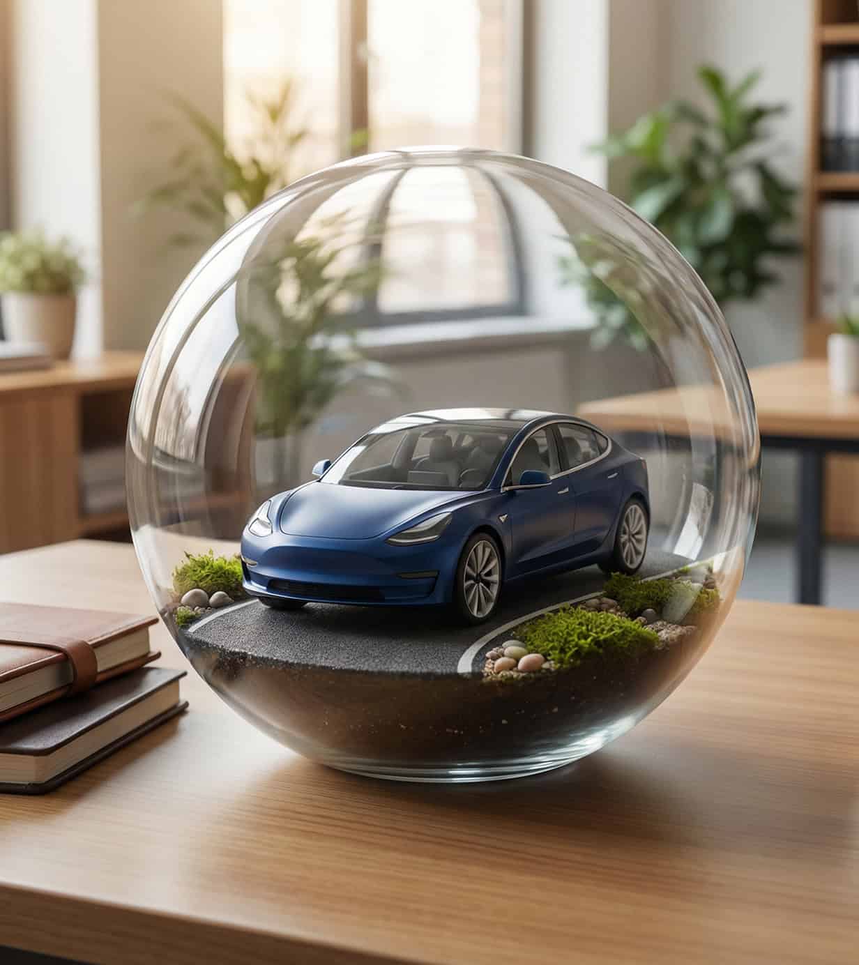 Ubezpieczenia komunikacyjne - samochód w kryształowej kuli, stojącej na biurku